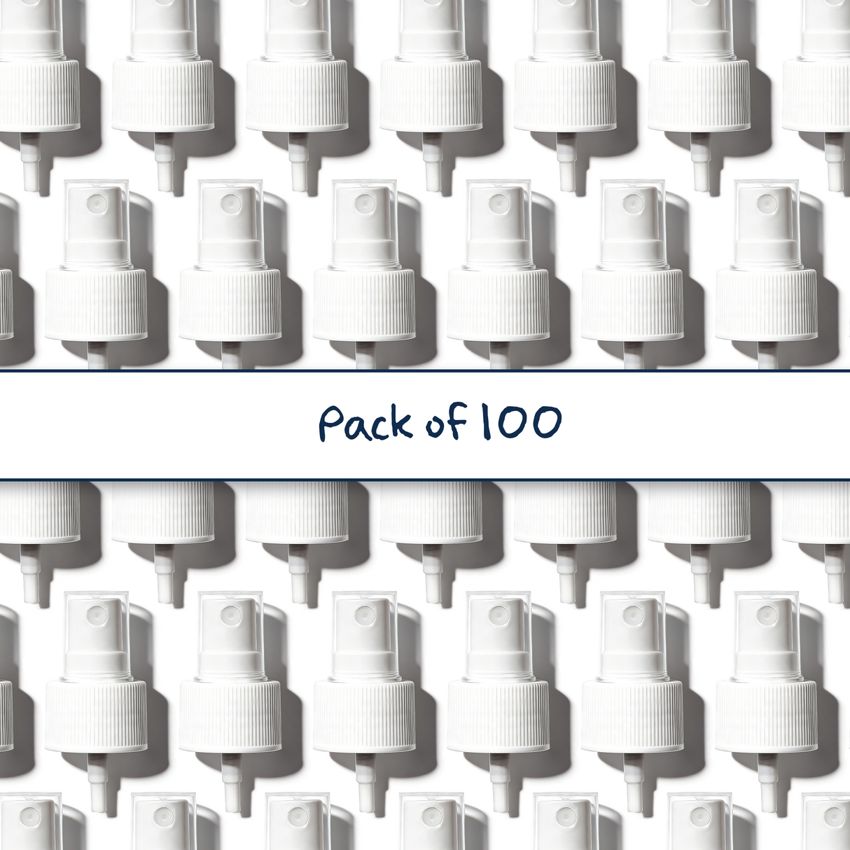 Multiple white 28 mm mist spray closures for cosmetic bottles, suitable for facial mists, perfumes, toners and liquid personal care packaging