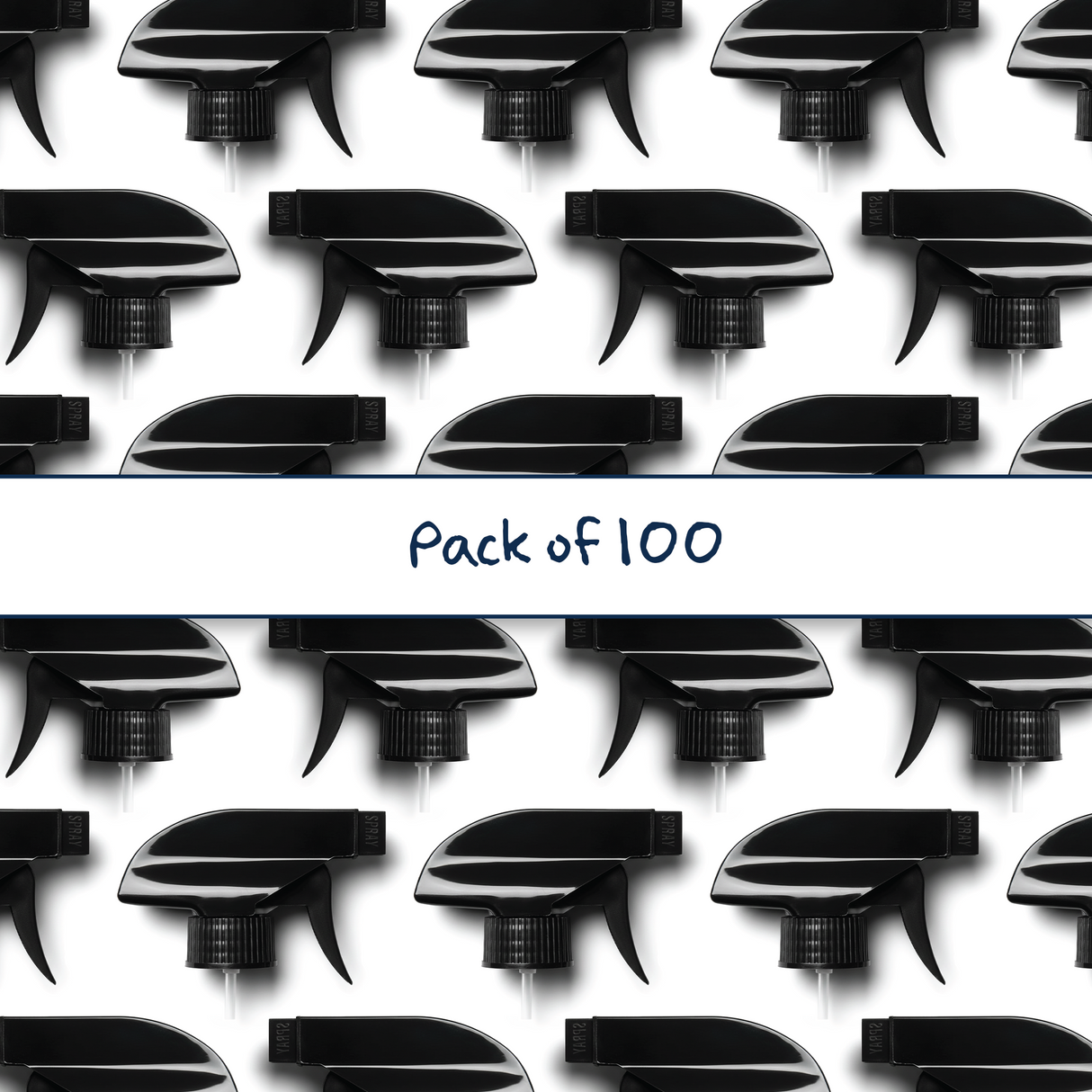 Multiple black 28 mm trigger spray closures for plastic bottles, ideal for dispensing cleaners, sanitisers, hair products and liquid personal care formulations