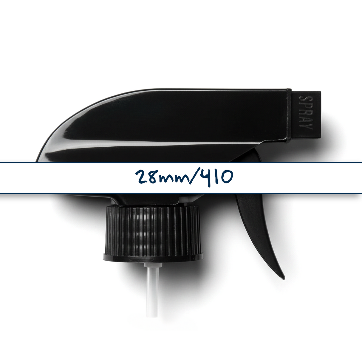 Black 28 mm trigger spray closure for plastic bottles, ideal for dispensing cleaners, sanitisers, hair products and liquid personal care formulations