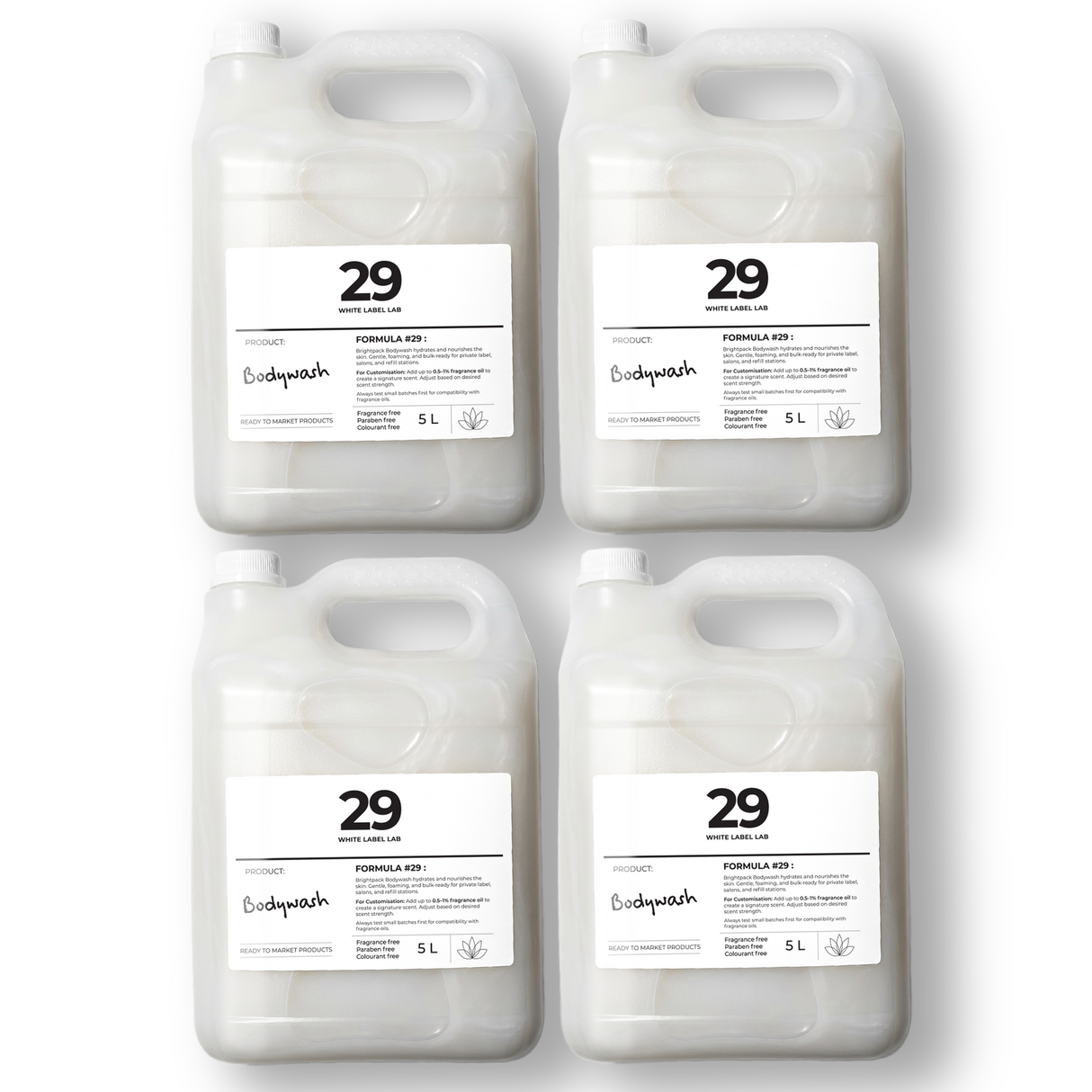 Pack of four 5 L jerry cans of Brightpack bodywash for bulk personal care production.