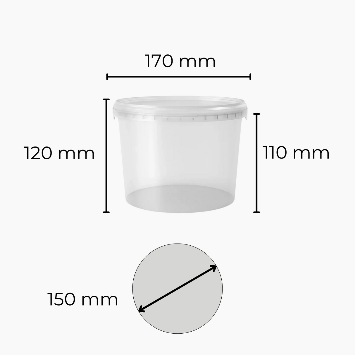 Clear 2L bucket with dimensions labeled on a white background