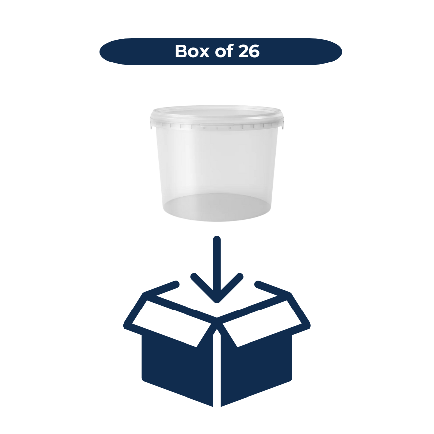 Clear 2L plastic container with an icon of a box and text 'Box of 26' on a white background