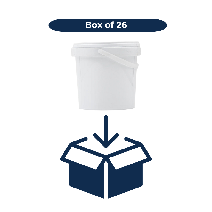 White 2L bucket with a box icon and 'Box of 26' text on a white background