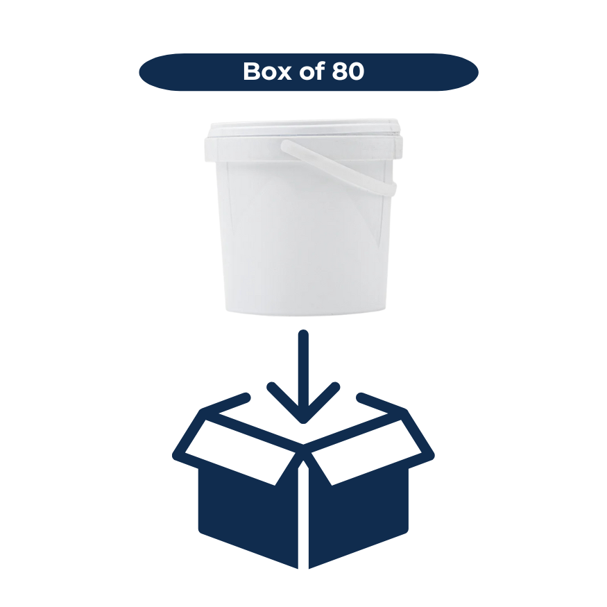 White 2L Bucket with a box icon and 'Box of 80' text on a white background