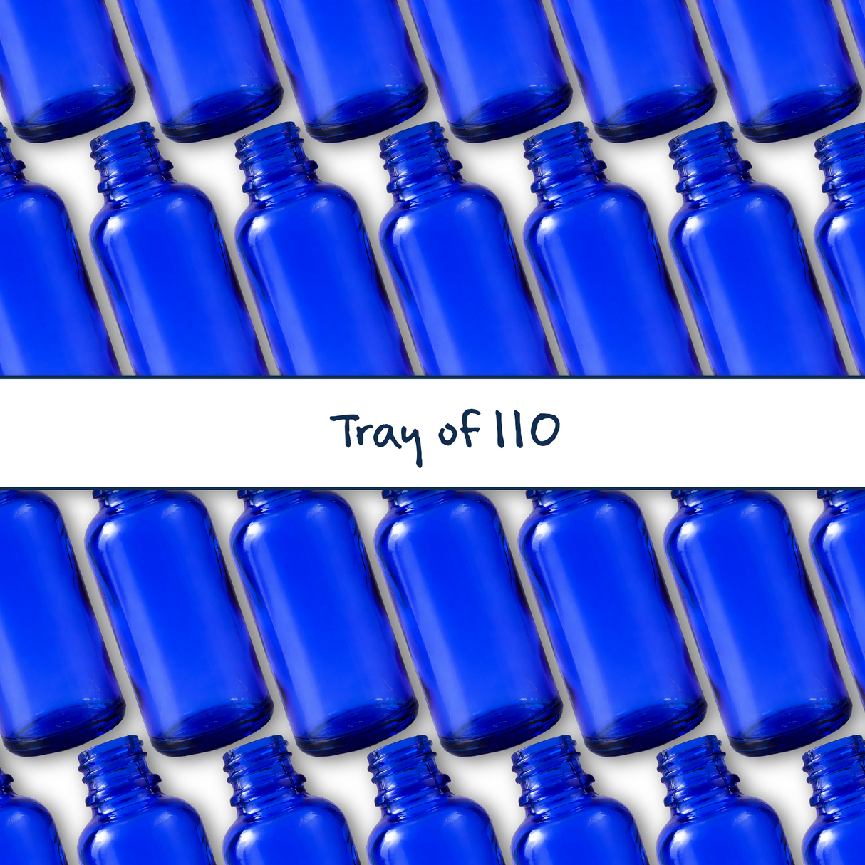 Collection of blue 30ml glass dropper bottles, empty cosmetic packaging for serums, oils and skincare formulations