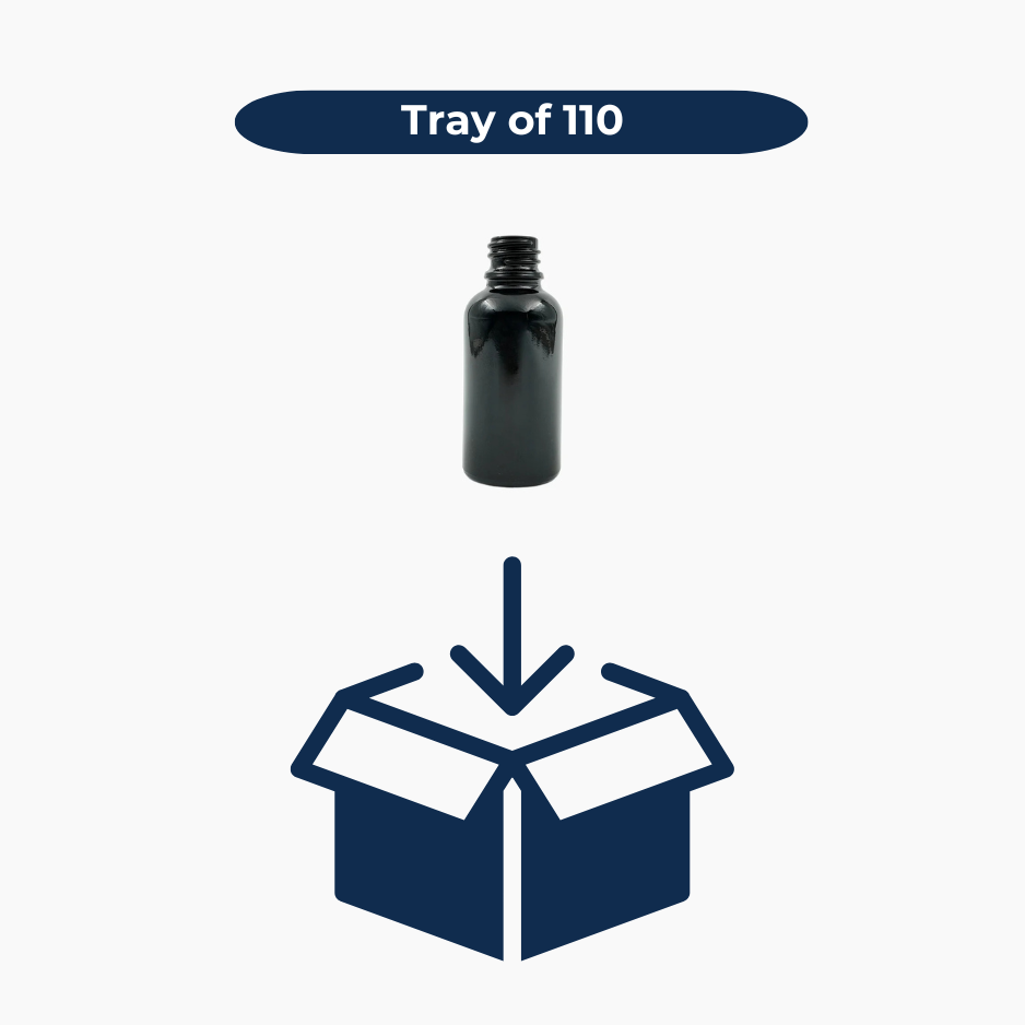 Black 30ml glass bottles shown in bulk pack of 110 units
