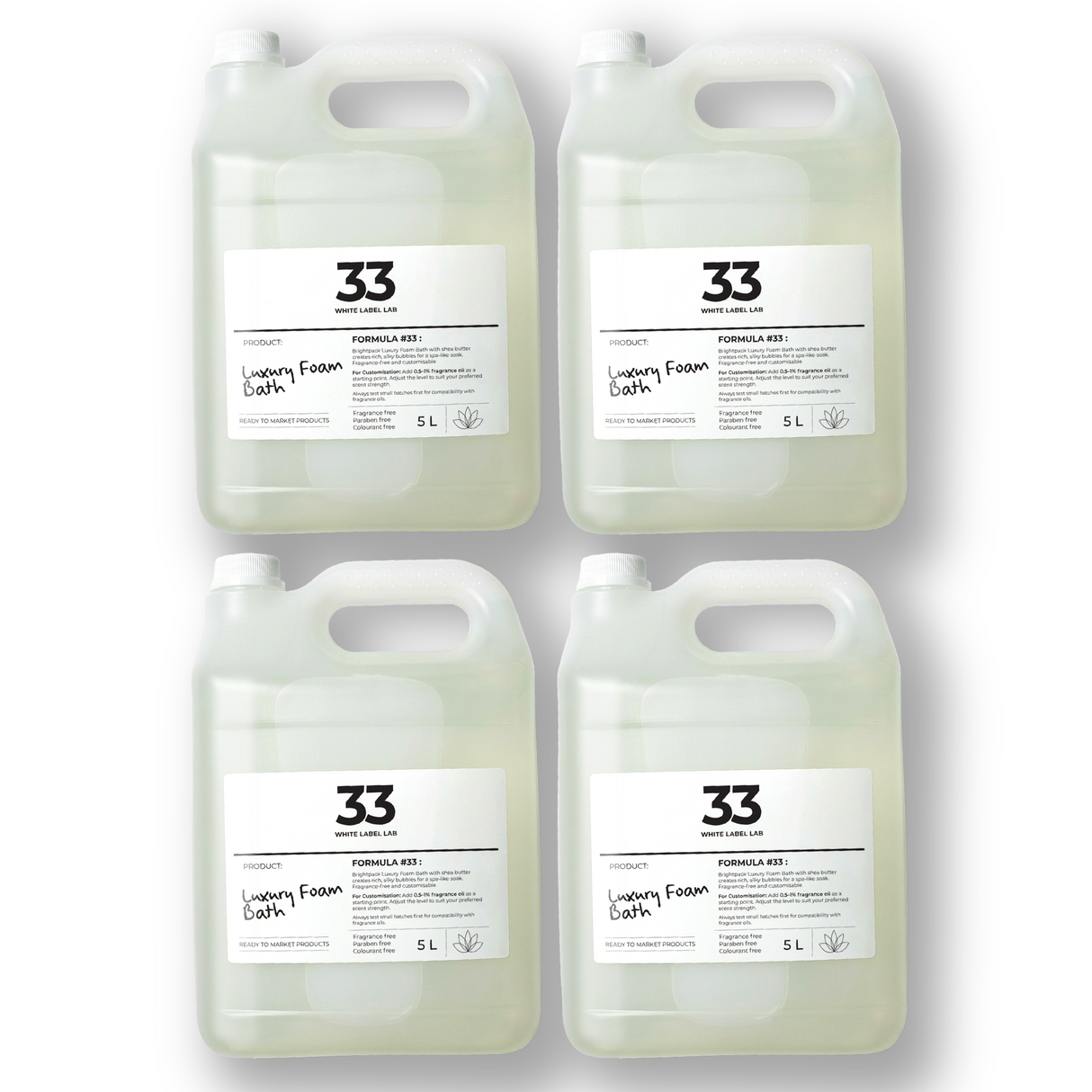 Pack of four 5 L jerry cans of Brightpack luxury foam bath for rich, spa-like bubbles.