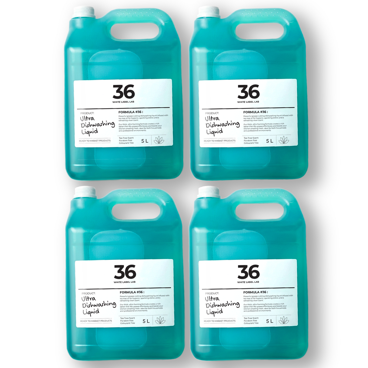 Pack of four 5 L jerry cans of Brightpack dishwashing liquid for commercial and household use.