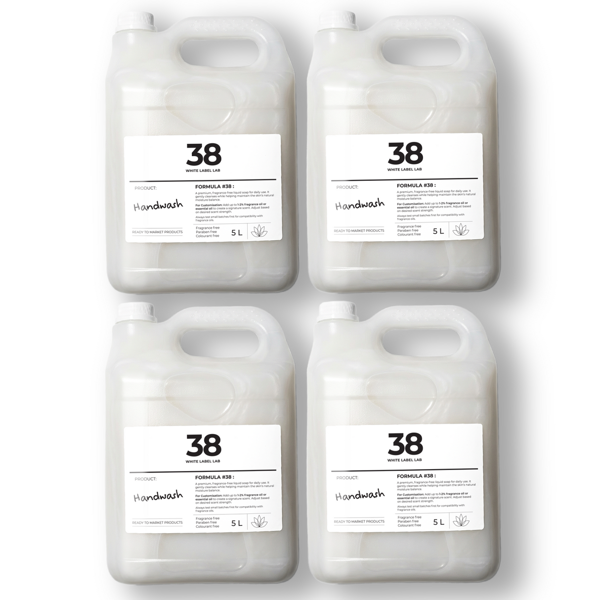 Pack of four 5 L jerry cans of Brightpack liquid hand wash for bulk refilling and resale.