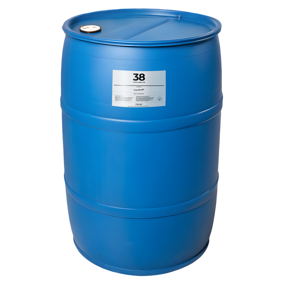 Large 200kg blue drum filled with Brightpack fragrance-free, paraben-free liquid handwash for bulk purchasing and refilling.