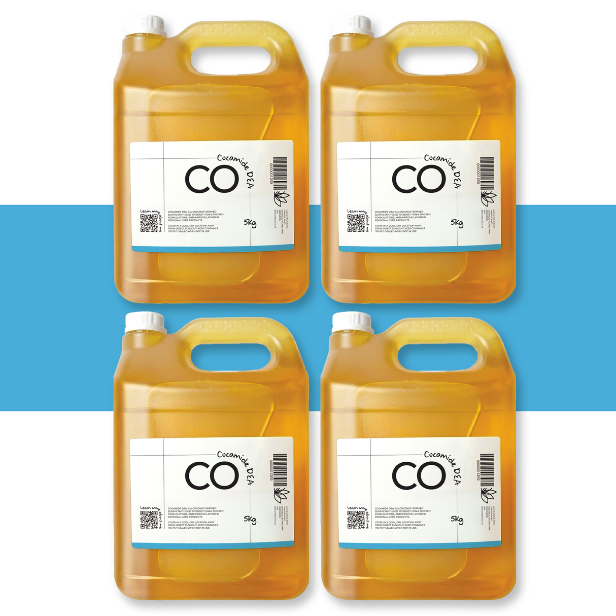 4 x 5Kg Cocamide DEA in bottle, coconut-derived surfactant for foaming, thickening, and stabilising shampoos, body washes, and cleansers