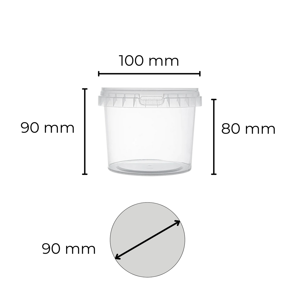 Dimensions of a clear 500ml plastic container with dimensions labeled.