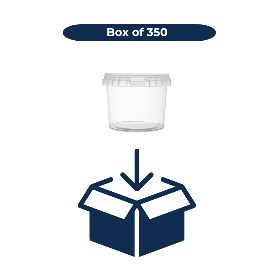 Clear 500ml plastic bucket with a box icon and text 'Box of 350' on a white background