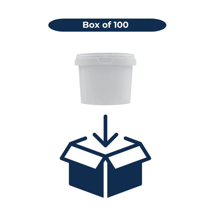 Box of white plastic buckets with lids – 500ml size