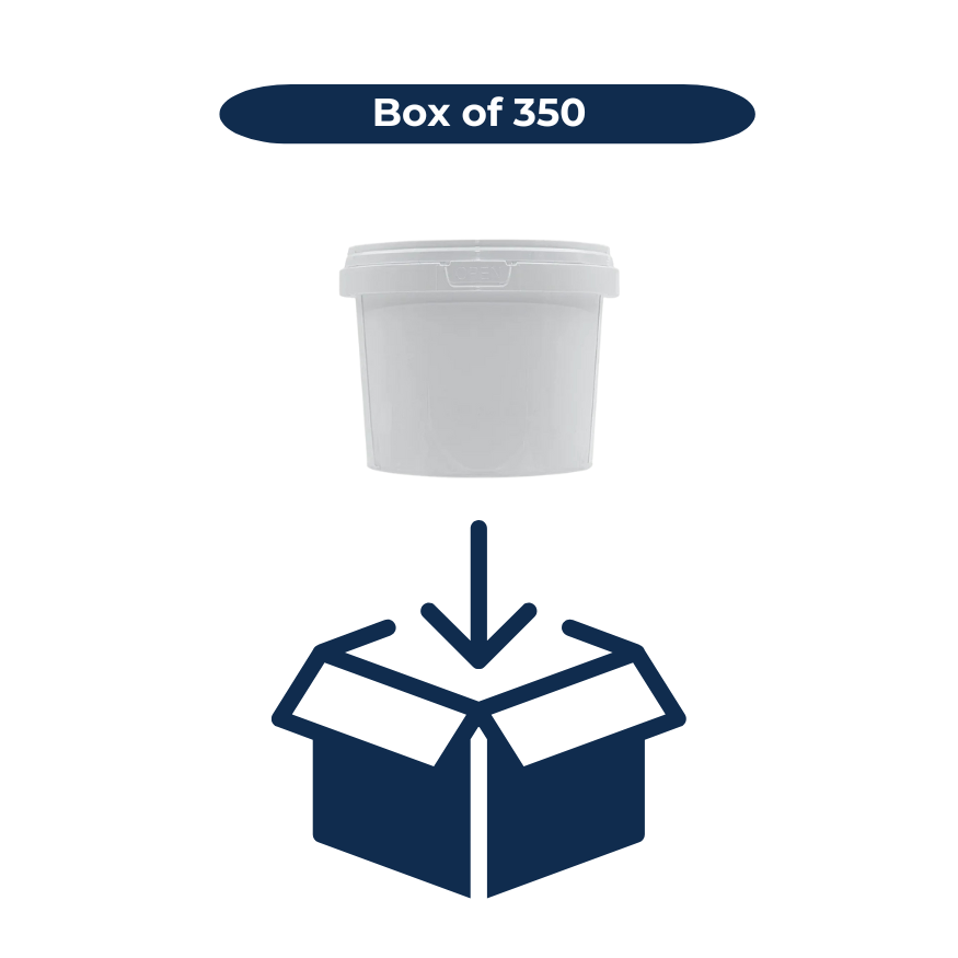 Box of white plastic buckets with lids – 500ml size
