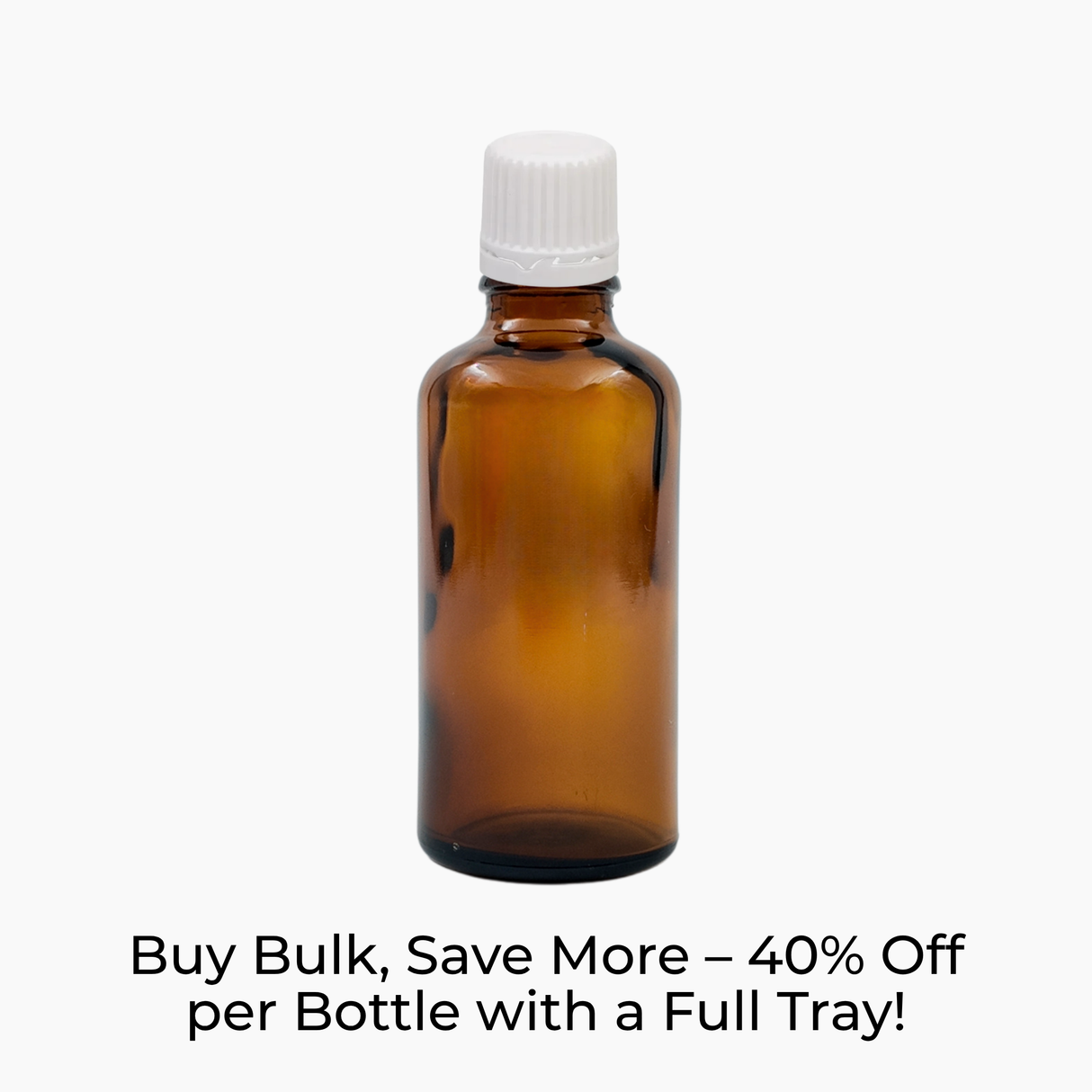 Amber 50ml glass bottle with white tamper-evident dropper cap on white background