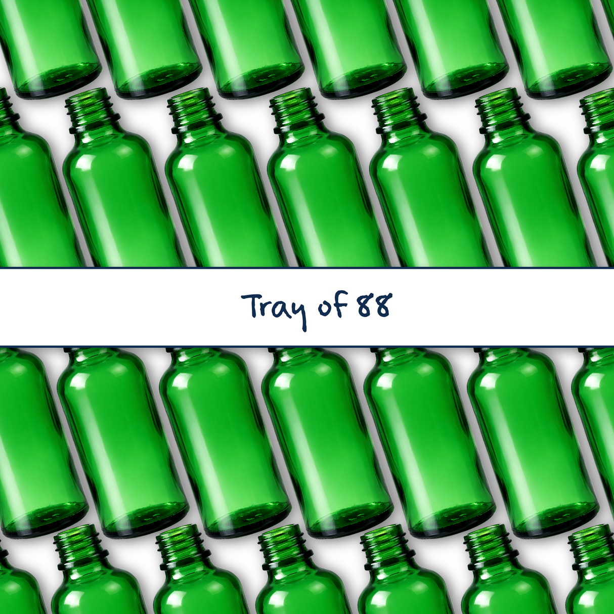 Collection of green 50ml glass dropper bottles, empty cosmetic packaging for serums, oils and skincare formulations