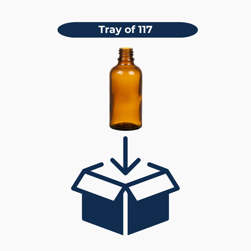 Amber 50ml glass bottles shown in bulk pack of 117 units