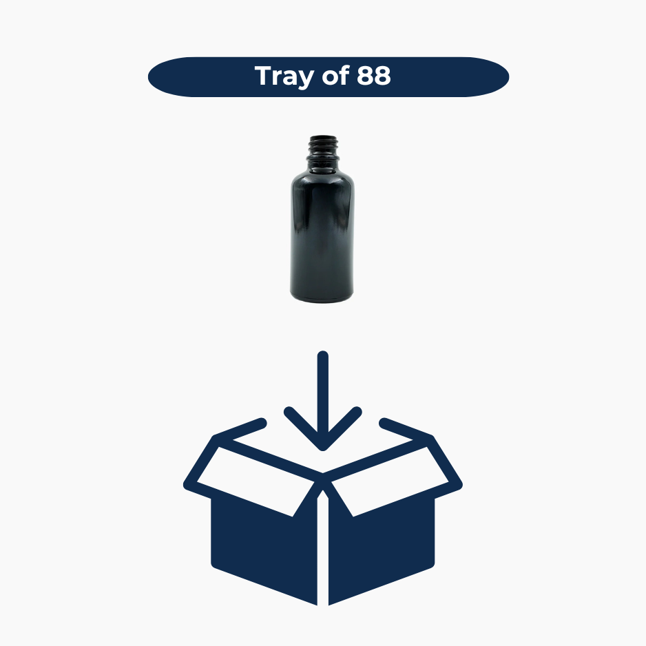 Black 50ml glass bottles shown in bulk pack of 117 units