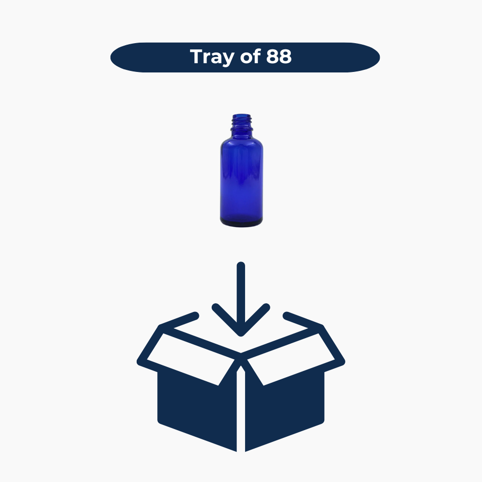 Blue 50ml glass bottles shown in bulk pack of 88 units