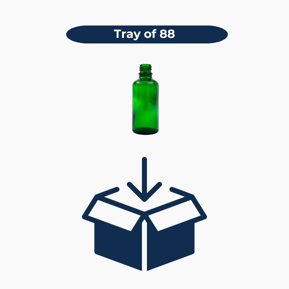 Green 50ml glass bottles shown in bulk tray of 88 units