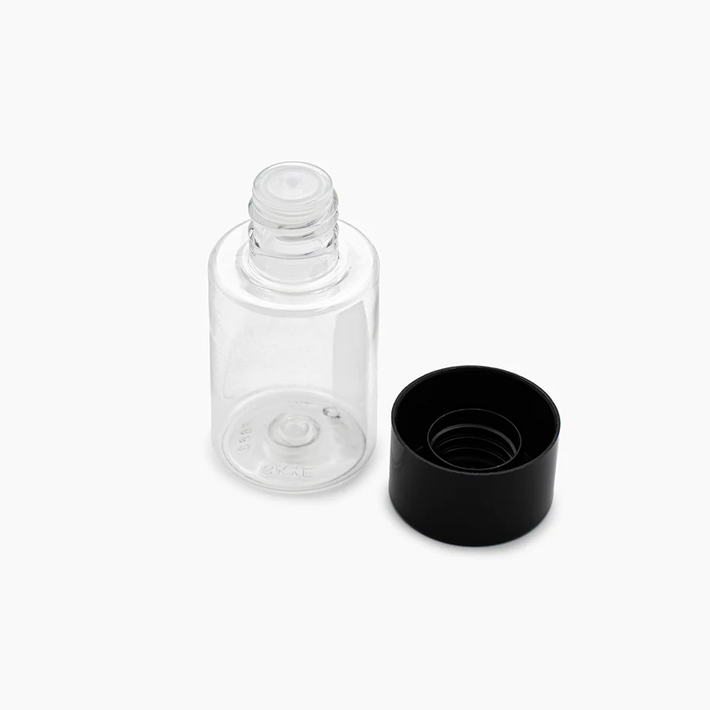 50ml PET Sharp Cylindrical Bottle (20mm neck) - Including Closure & Dropper Plug - Clear with Black Lid