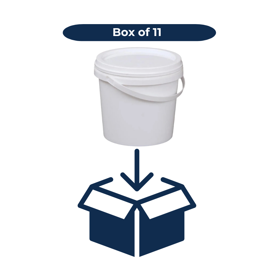 White 5L bucket labeled 'Box of 11' with an icon of a box below it on a white background.