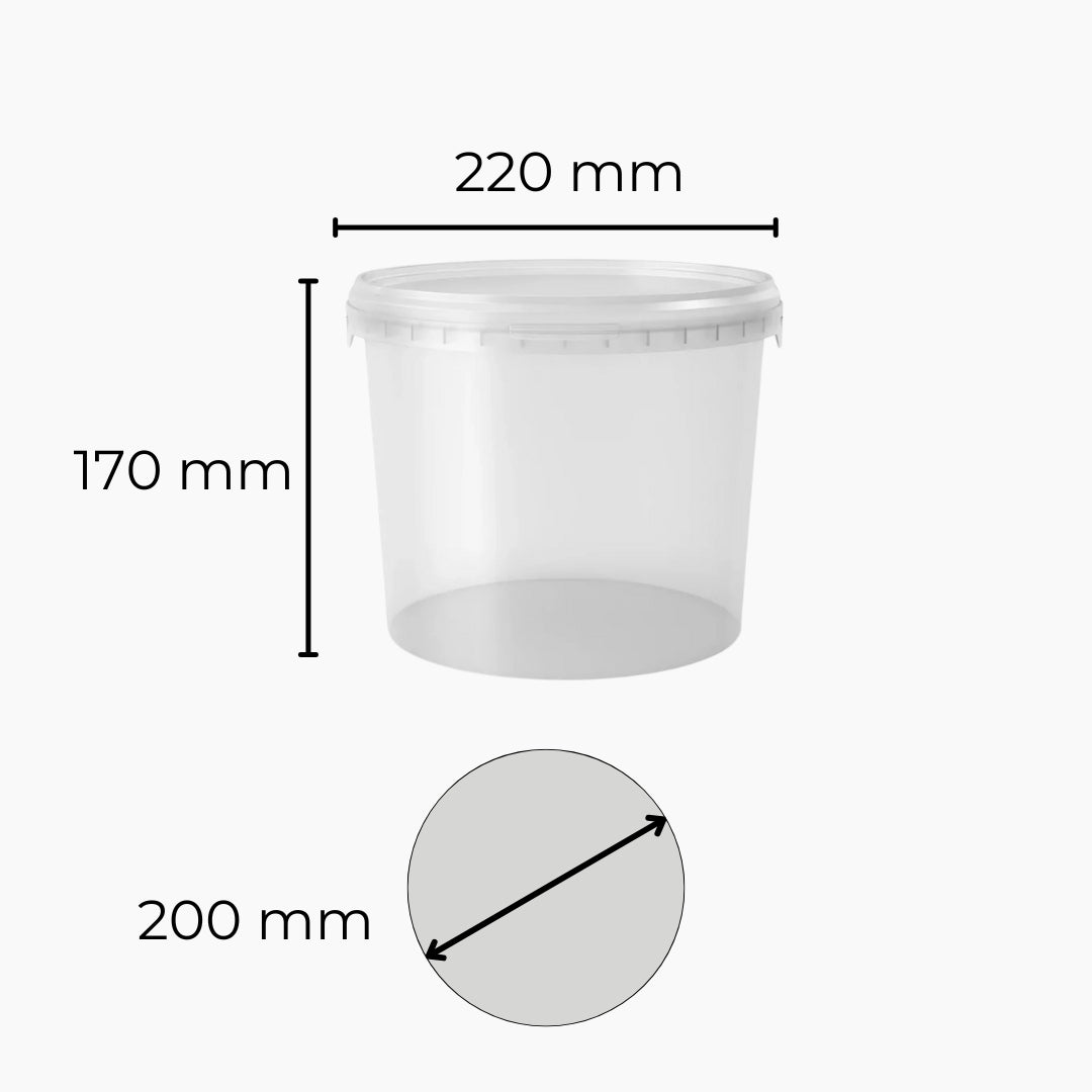 Clear 5L bucket with dimensions labeled on a white background