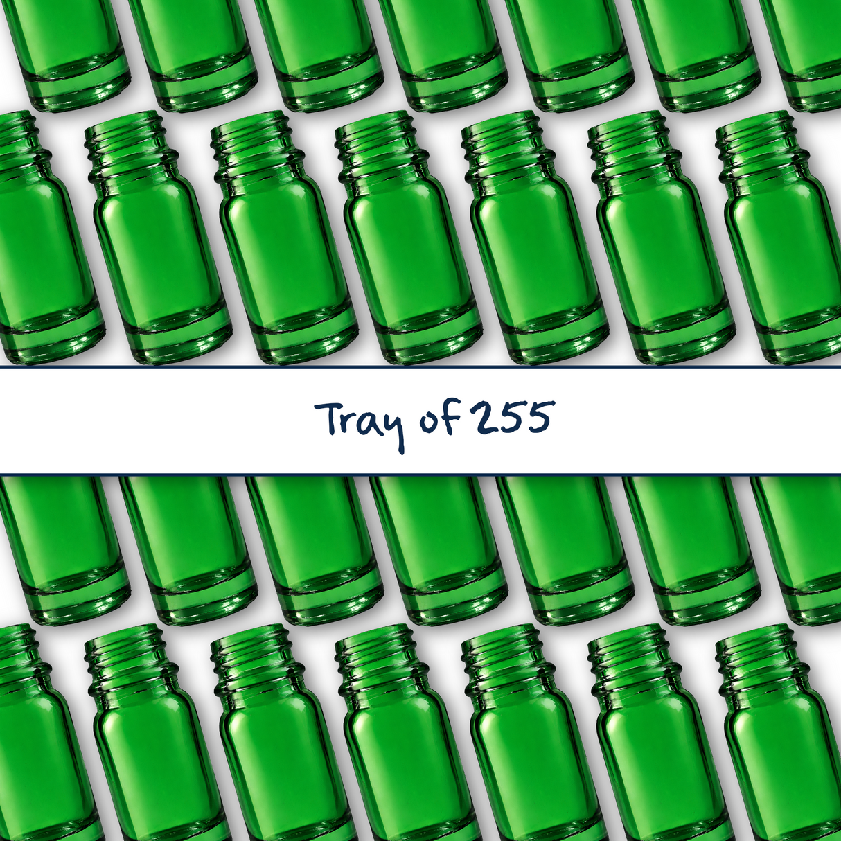 Collection of green 5ml glass dropper bottles, empty cosmetic packaging for serums, oils and skincare formulations