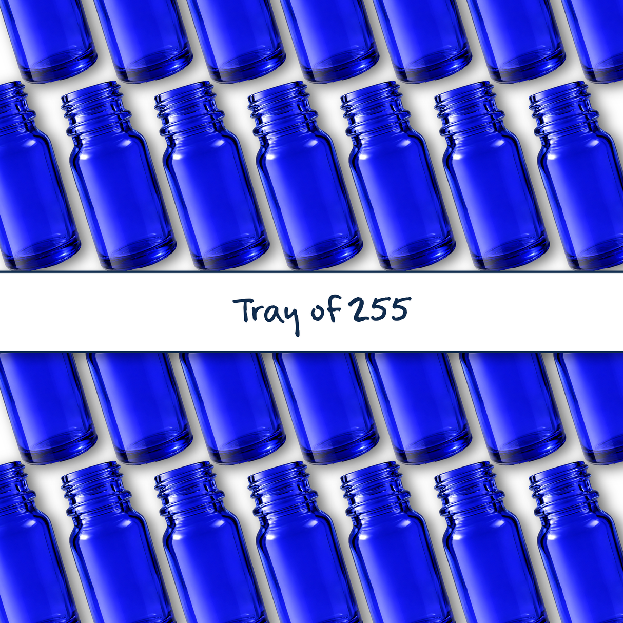 collection of blue 5ml glass dropper bottles, empty cosmetic packaging for serums, oils and skincare formulations