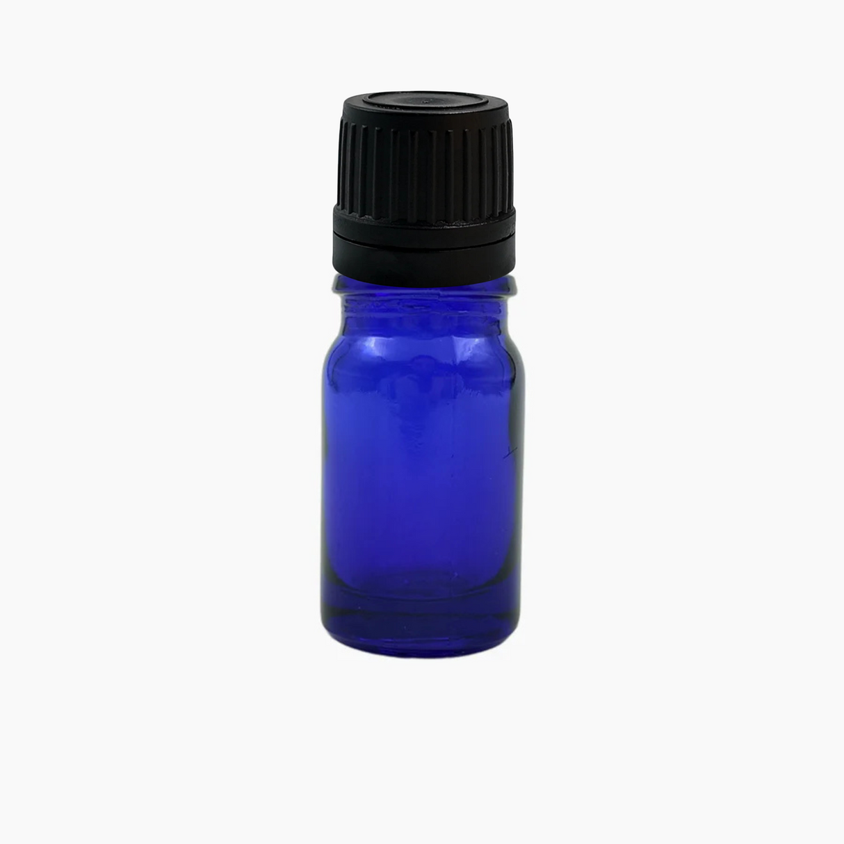 5ml blue glass bottle with black dropper cap closure
