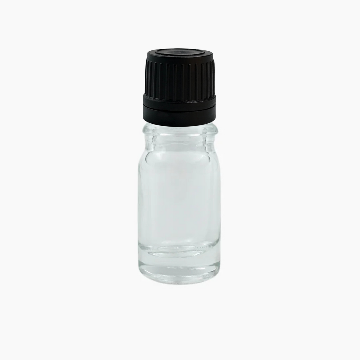 5ml clear glass bottle with black dropper cap closure