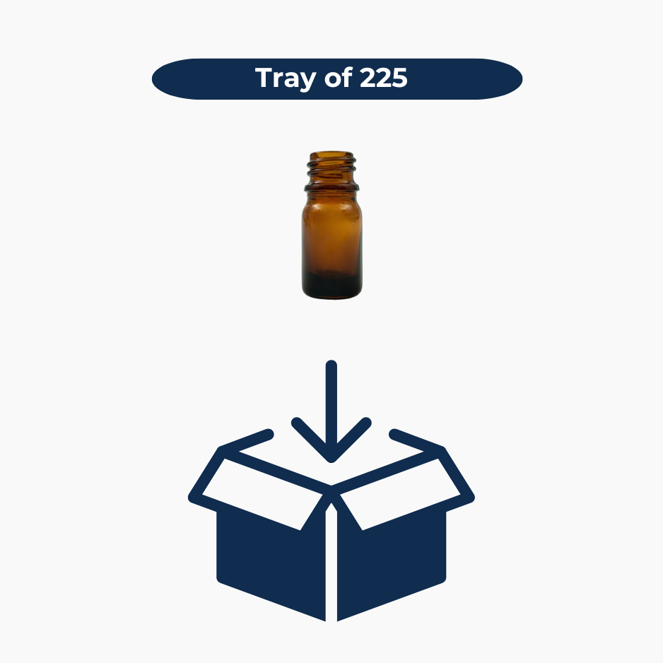 Brown/Amber 5ml glass bottle with a box icon and text 'Tray of 225' on a white background