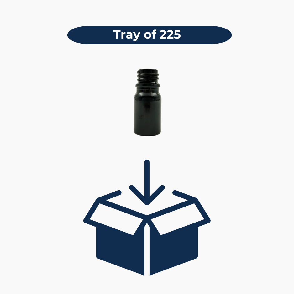 Black 5ml glass bottles shown in bulk pack of 225 units