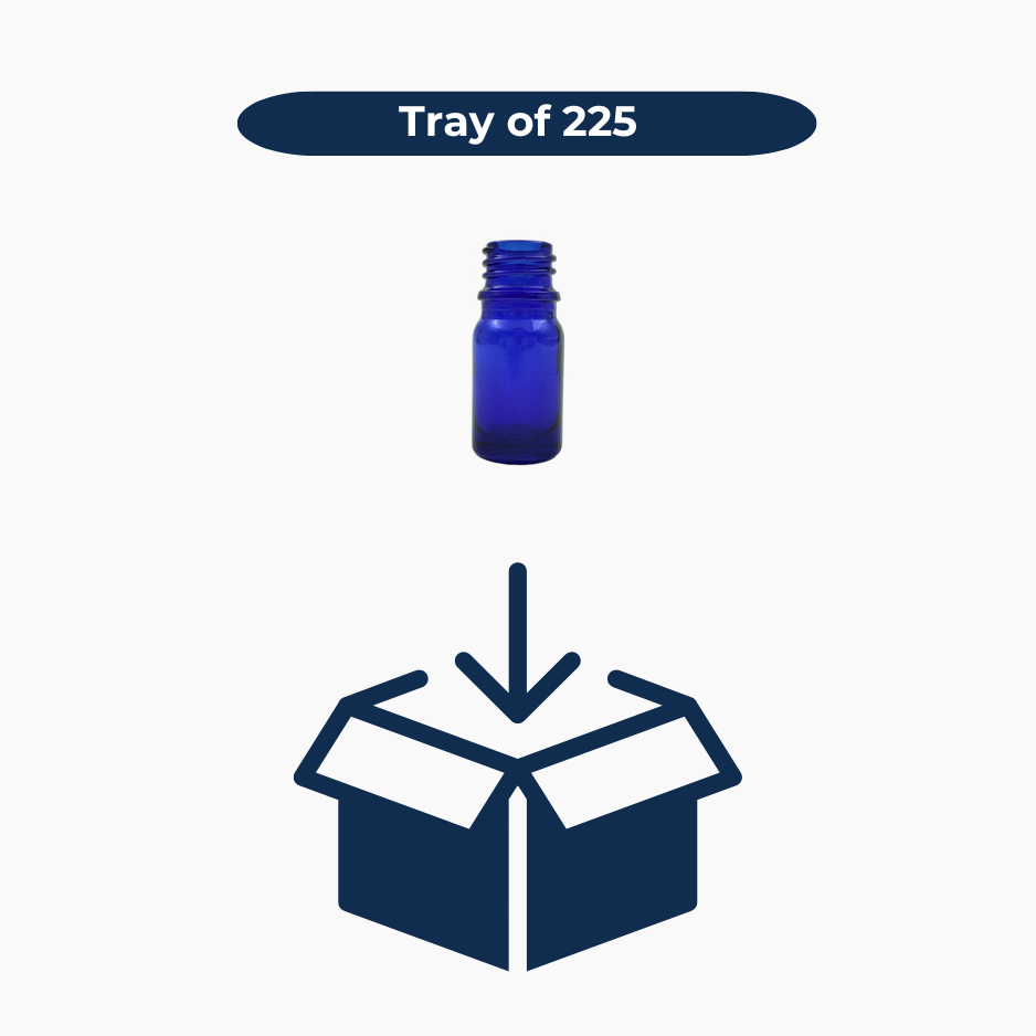 Blue 5ml glass bottles shown in bulk pack of 225 units