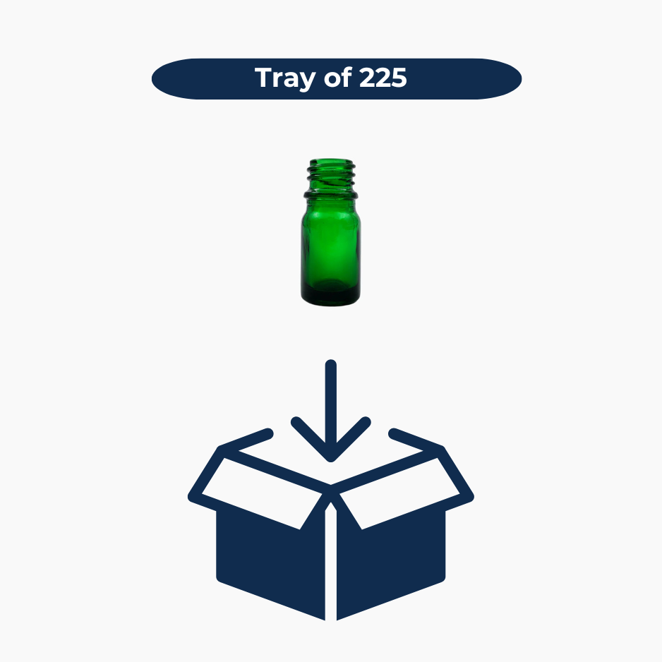 Green 5ml glass bottles shown in bulk pack of 225 units