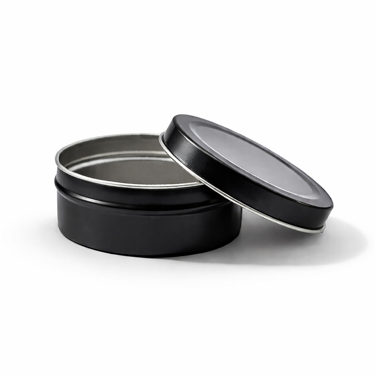 Open black 90ml aluminium tin container, cosmetic tin packaging for creams, body balms, candles and skincare products