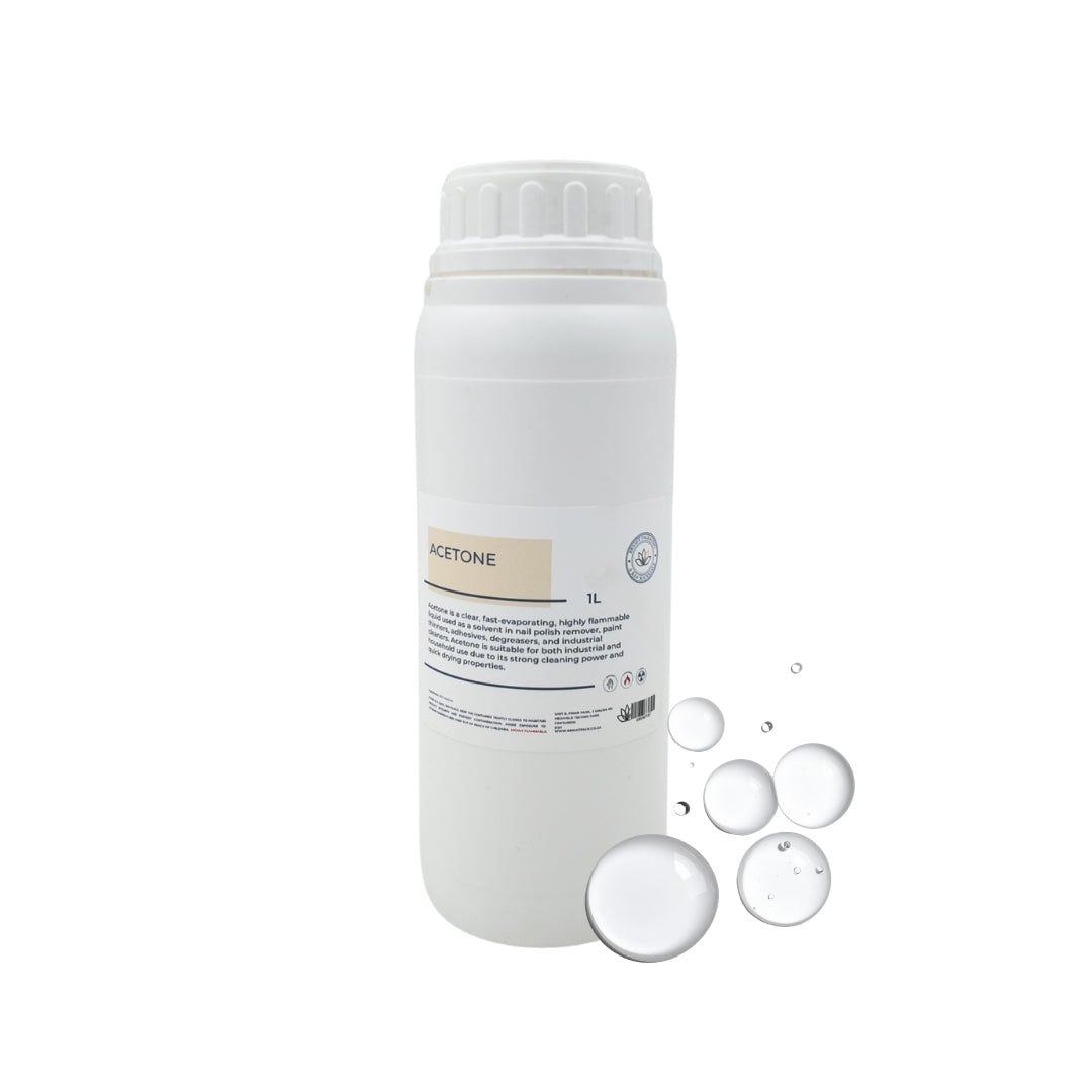 White 1L bottle labeled 'Acetone' with acetone droplets on a white background
