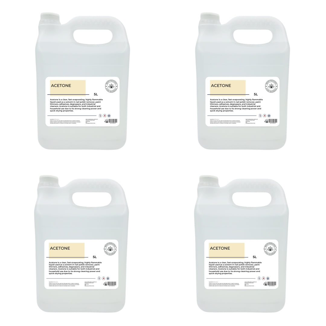 Four 5L jerry can containers of acetone on a white background