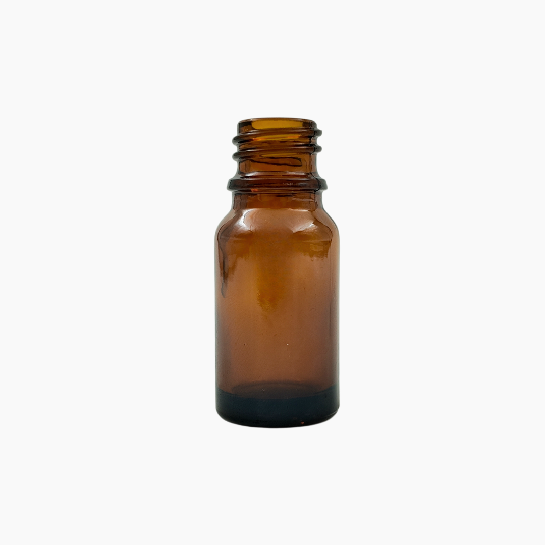 Amber 10ml glass bottle upright on white background