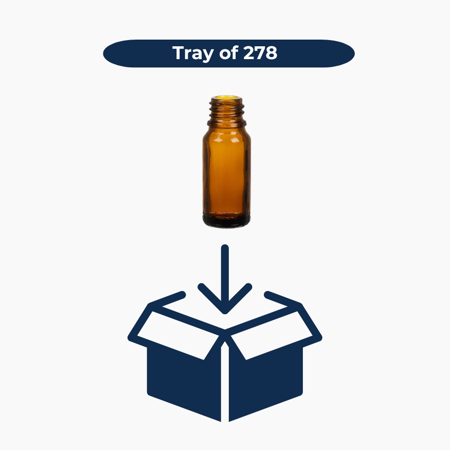 Brown/Amber 10ml glass bottle with a box icon and text 'Tray of 225' on a white background