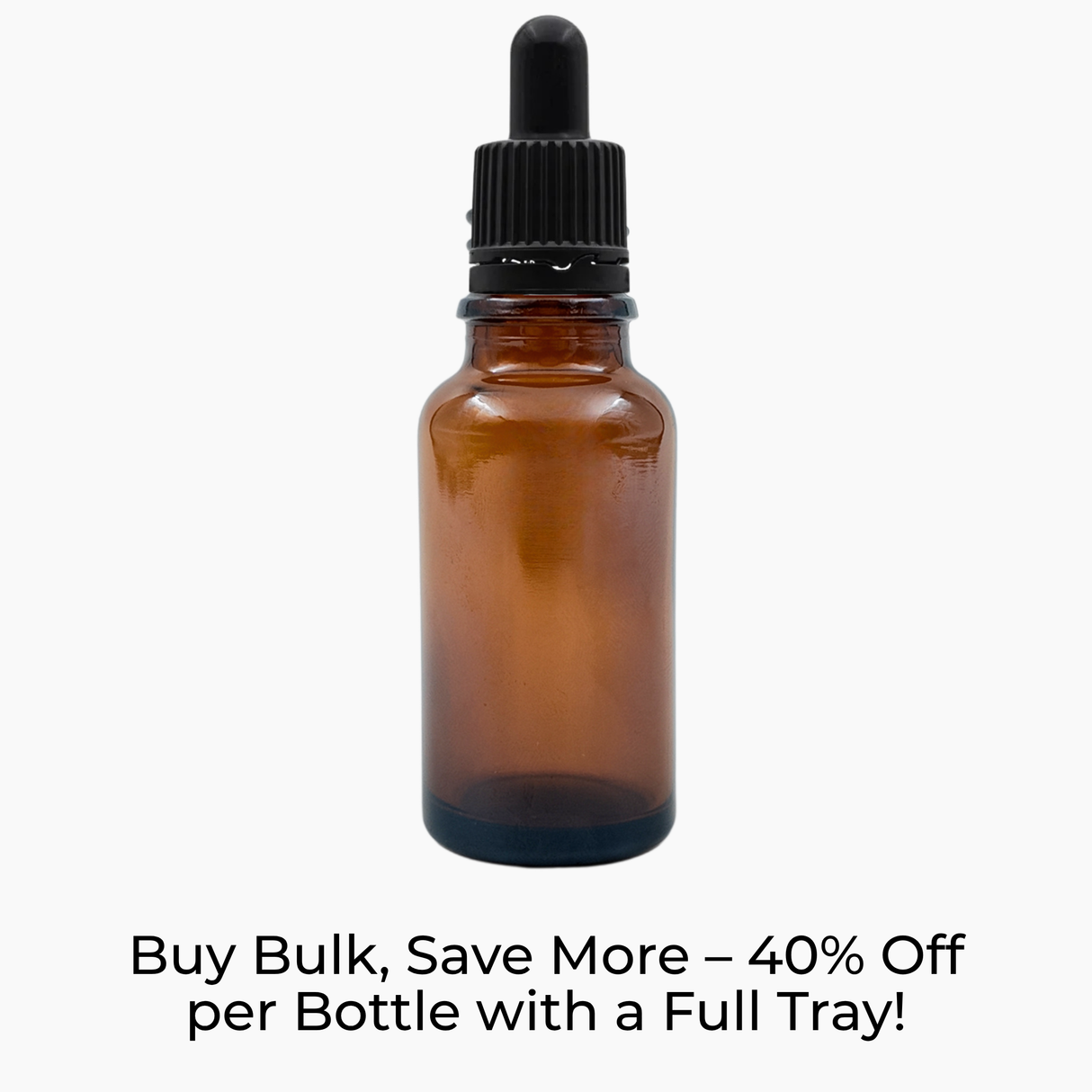 Amber 20ml glass bottle with black pipette dropper on white background