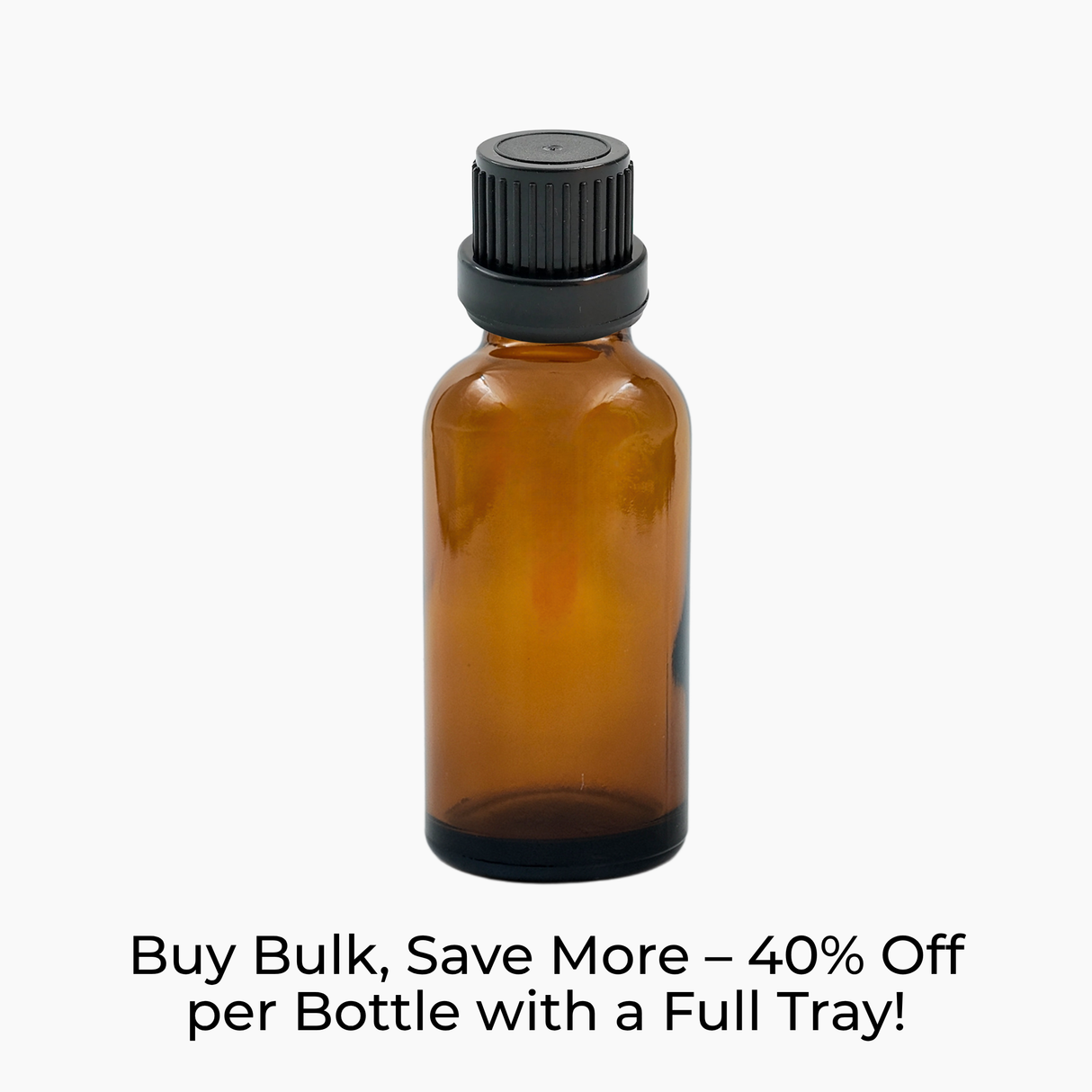 Amber 30ml glass bottle with black mushroom dropper cap on white background