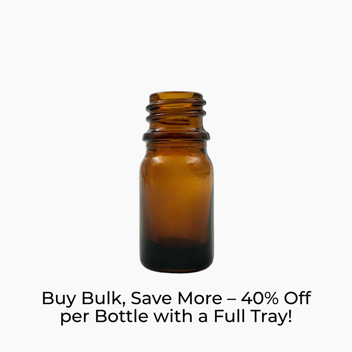 Brown/amber glass bottle on a white background with promotional text.