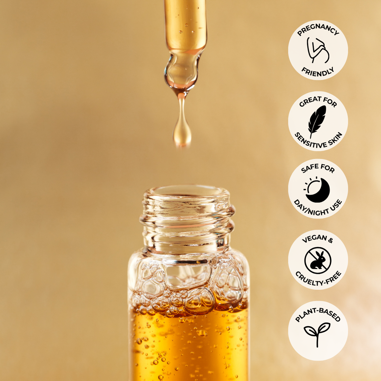 Glass dropper bottle with backuchiol oil and product features of bakuchiol.