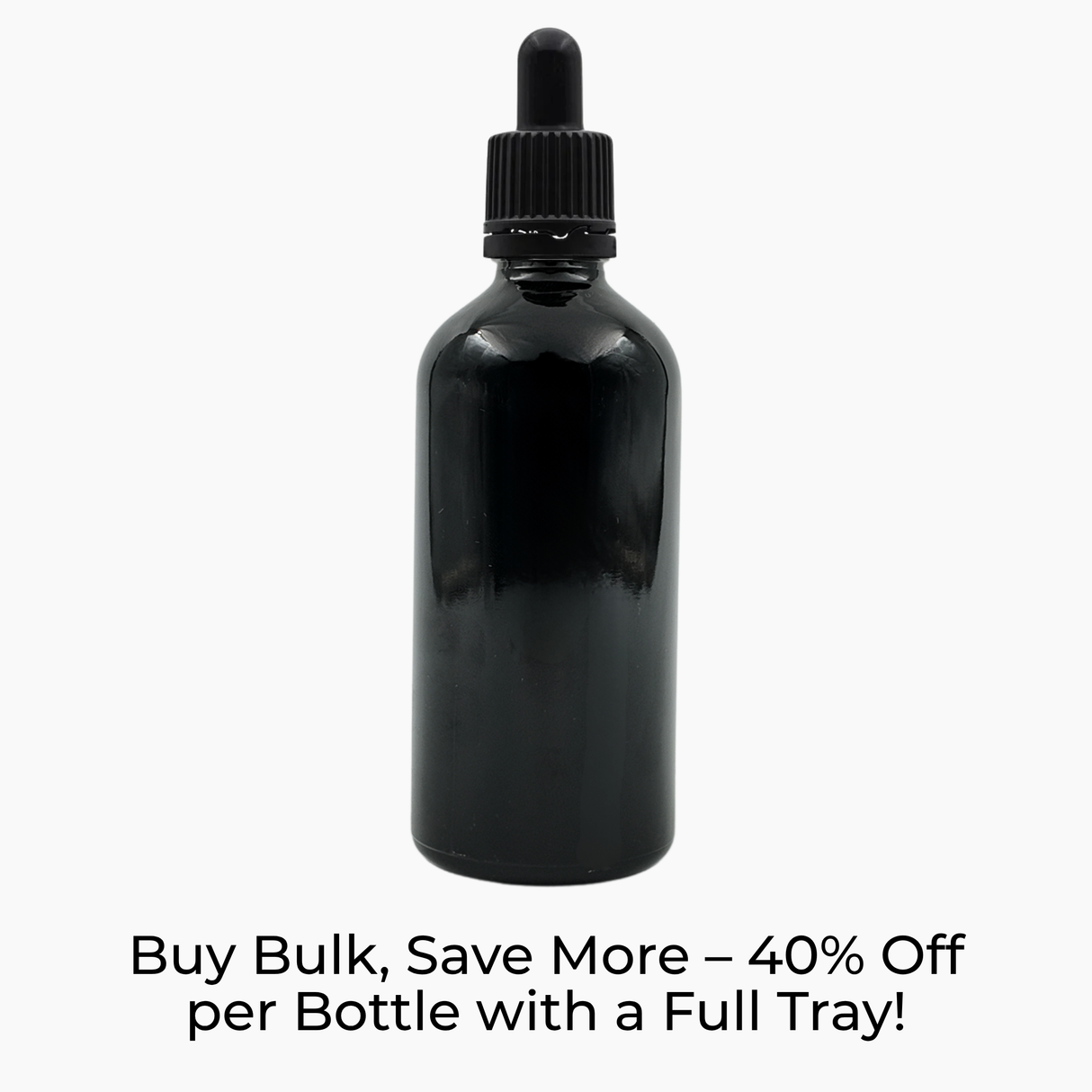Black 100ml glass bottle with black pipette dropper on white background
