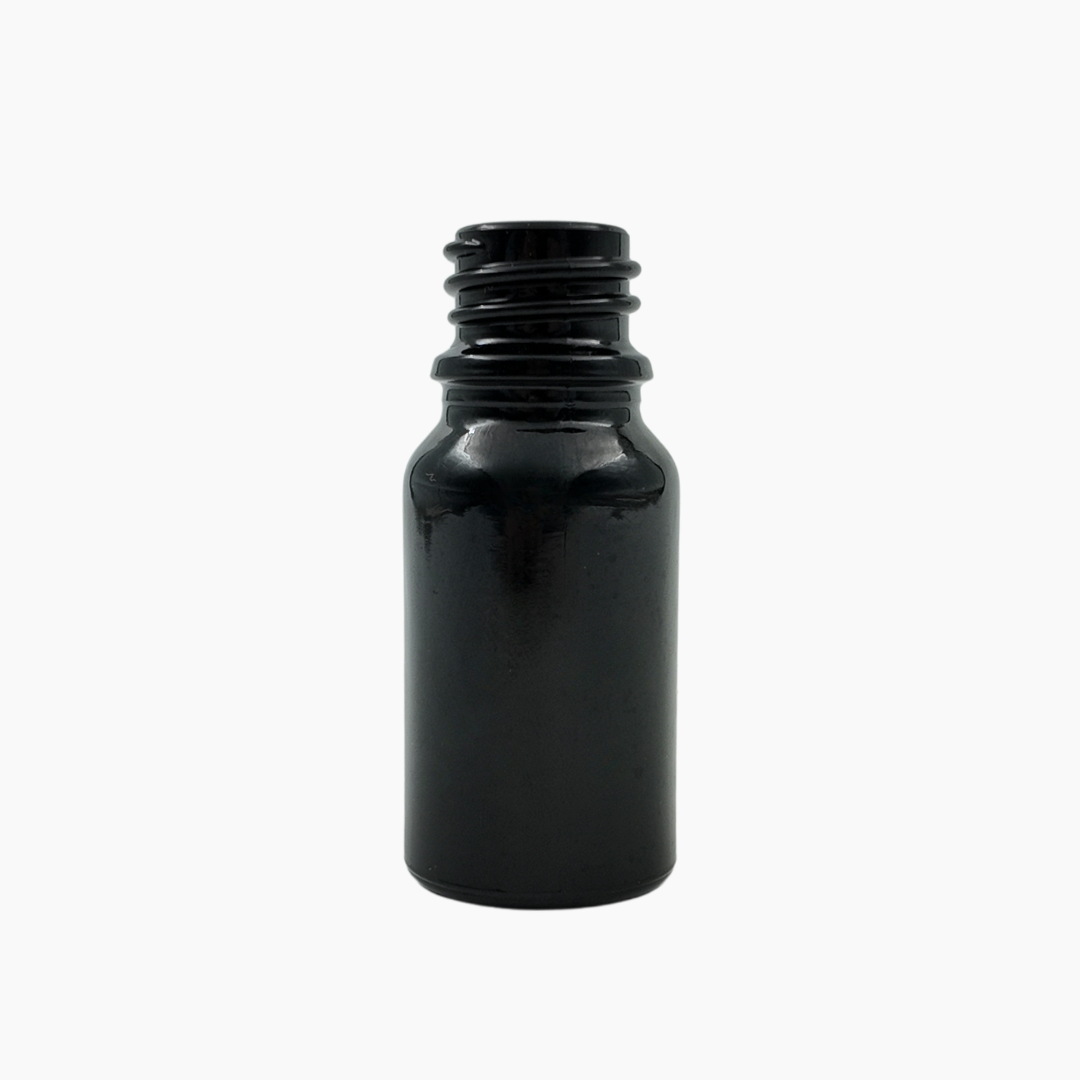 Black 10ml glass bottle upright on white background