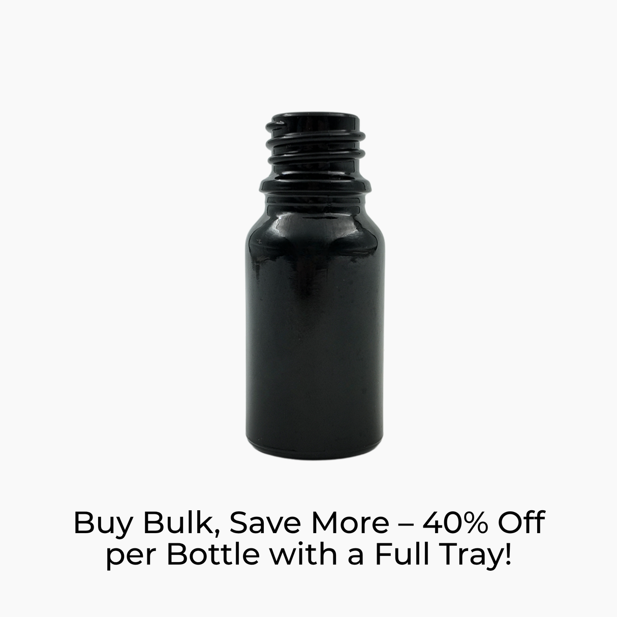 Black 10ml glass dropper bottle on white background with label text