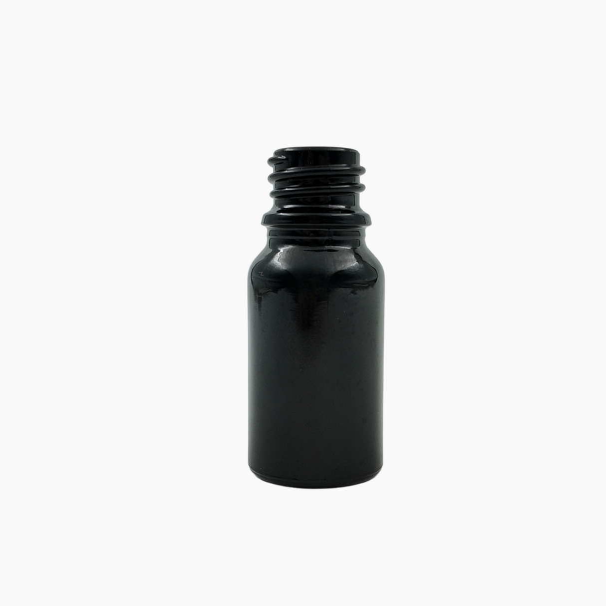 Black 20ml glass bottle standing upright on white background