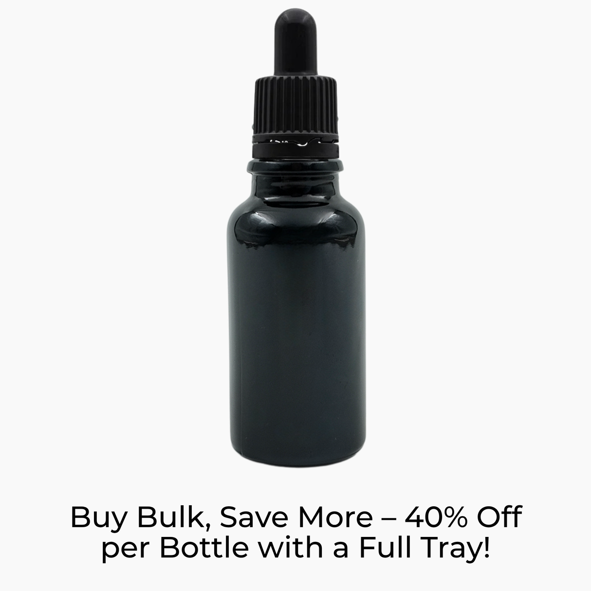Black 20ml glass bottle with black pipette dropper on white background